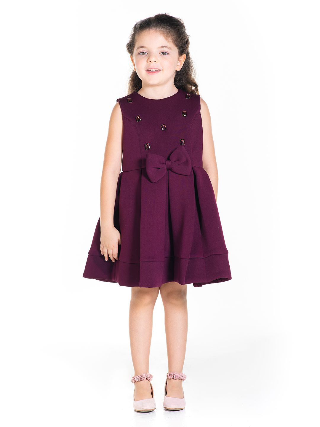 Cherry Crumble Girls Burgundy Solid Fit & Flare Dress with Embellished Detail-image-13
