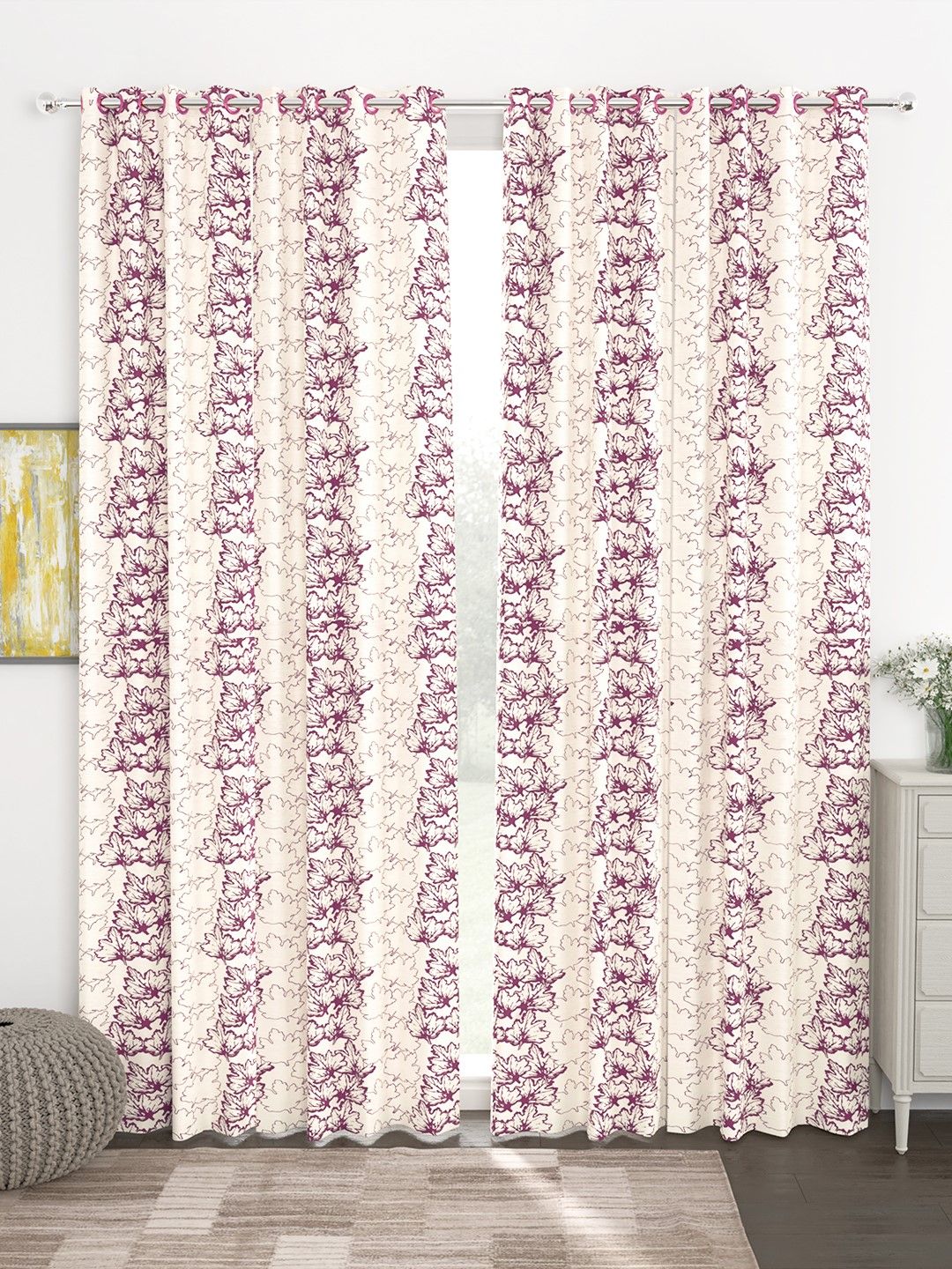 Story@home Set of 4 Cream-Coloured & Maroon Floral Printed Door Curtains-picture-36
