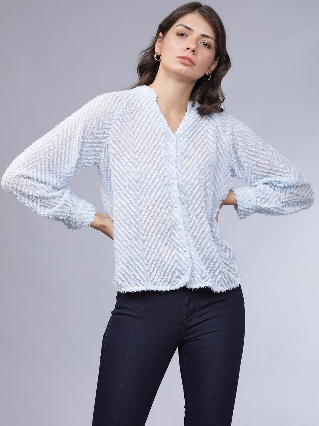 Tokyo Talkies Women Blue Regular Fit Self Design Casual Shirt