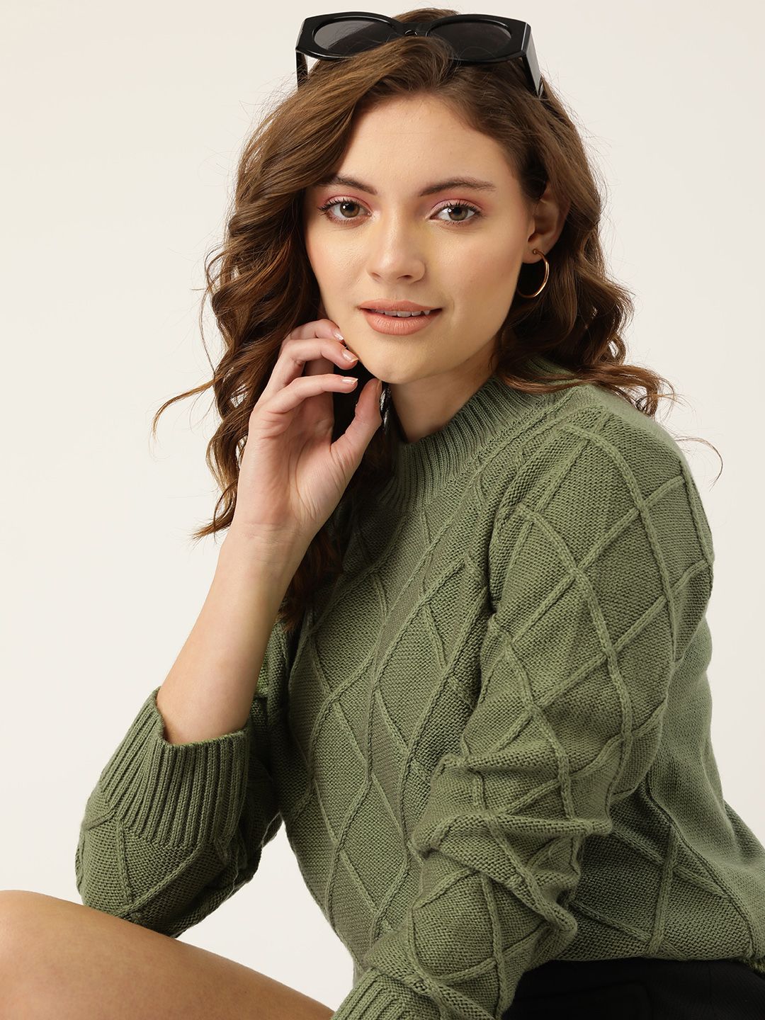 Dressberry Self Design V Neck Casual Women Dark Green Sweater