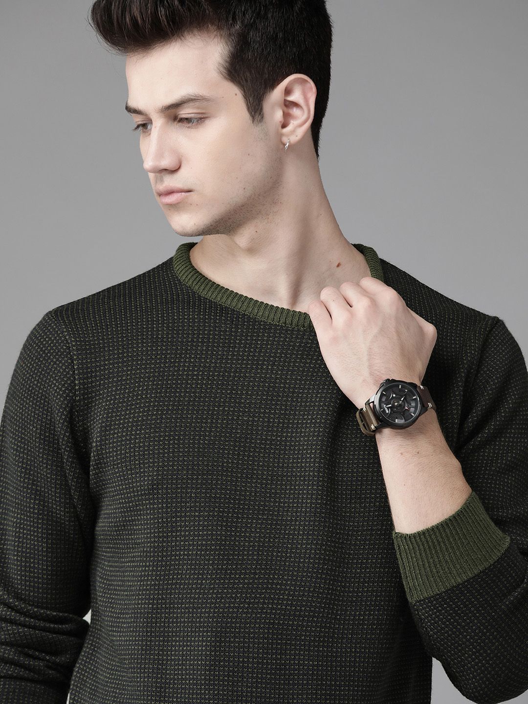 Roadster Men Navy Blue & Olive Green Self Design Pullover-picture-16