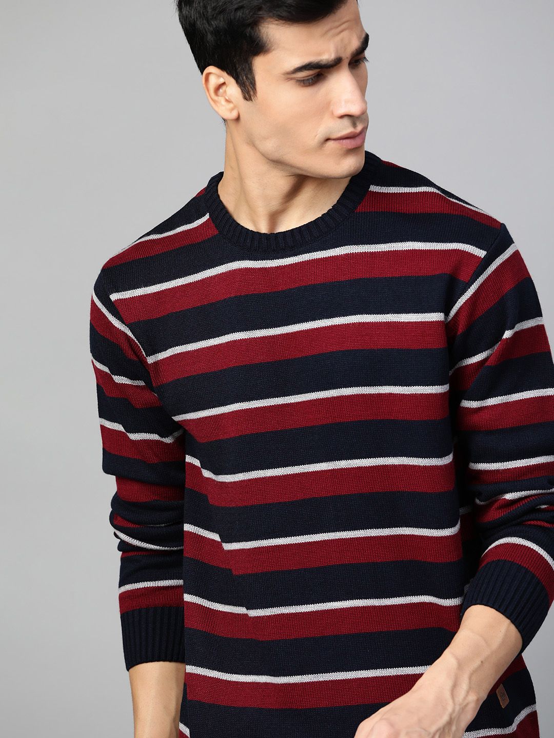 Roadster Men Maroon & Navy Blue Striped Pullover Sweater-picture-13