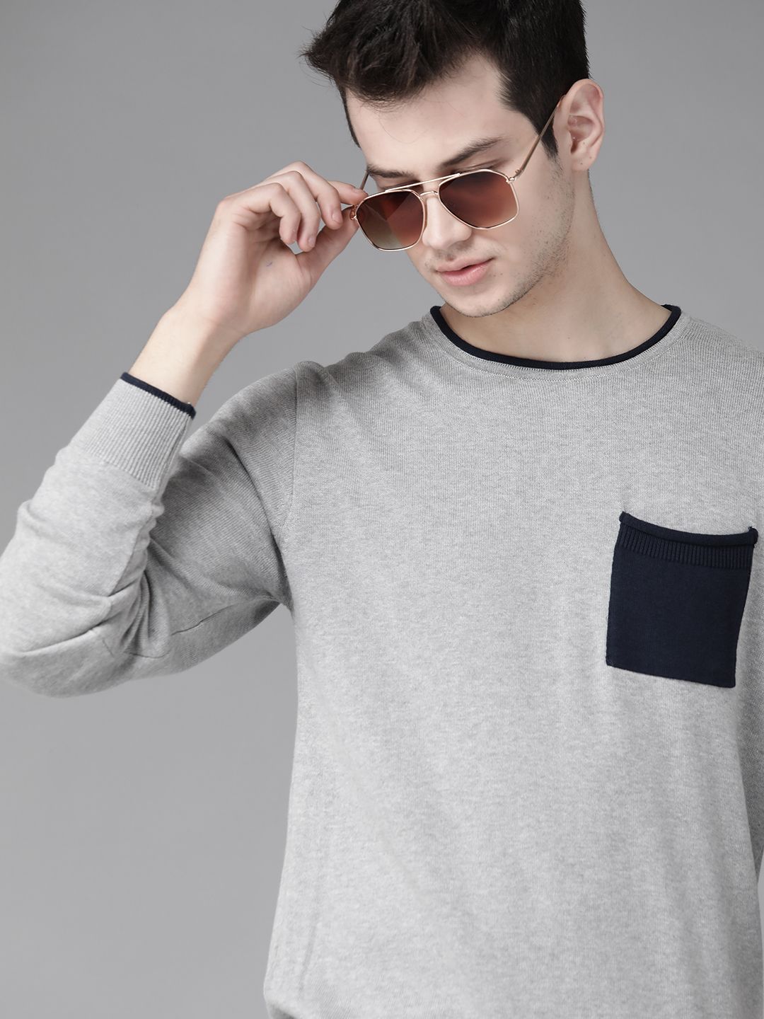 Roadster Men Grey Melange Pure Cotton Solid Pullover Sweater-picture-17