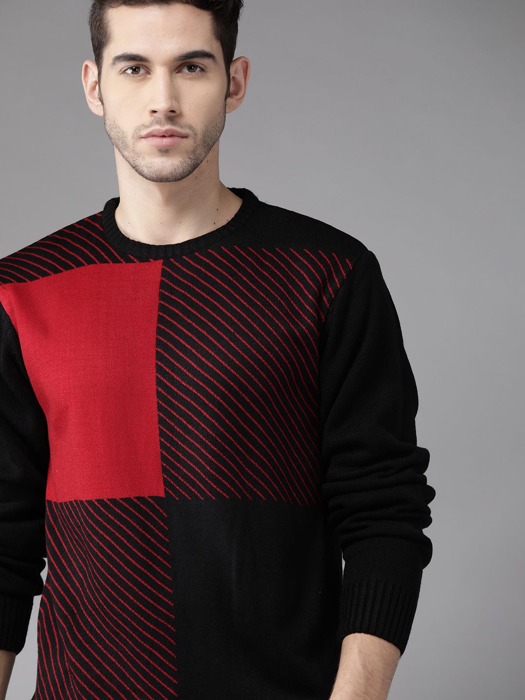 Roadster Men Black & Red Striped Pullover-picture-44