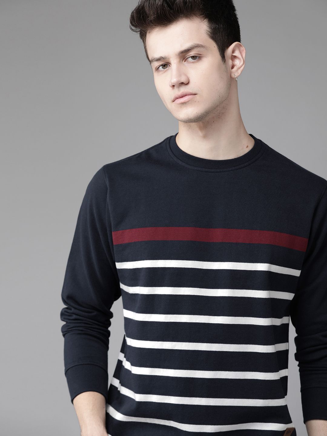 Roadster Men Navy Blue & White Striped Sweatshirt