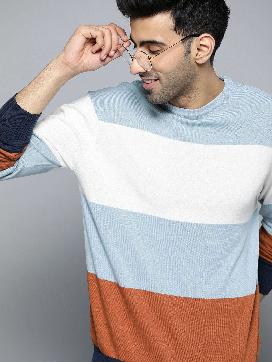Mast & Harbour Men Blue & White Colourblocked Pullover-picture-14