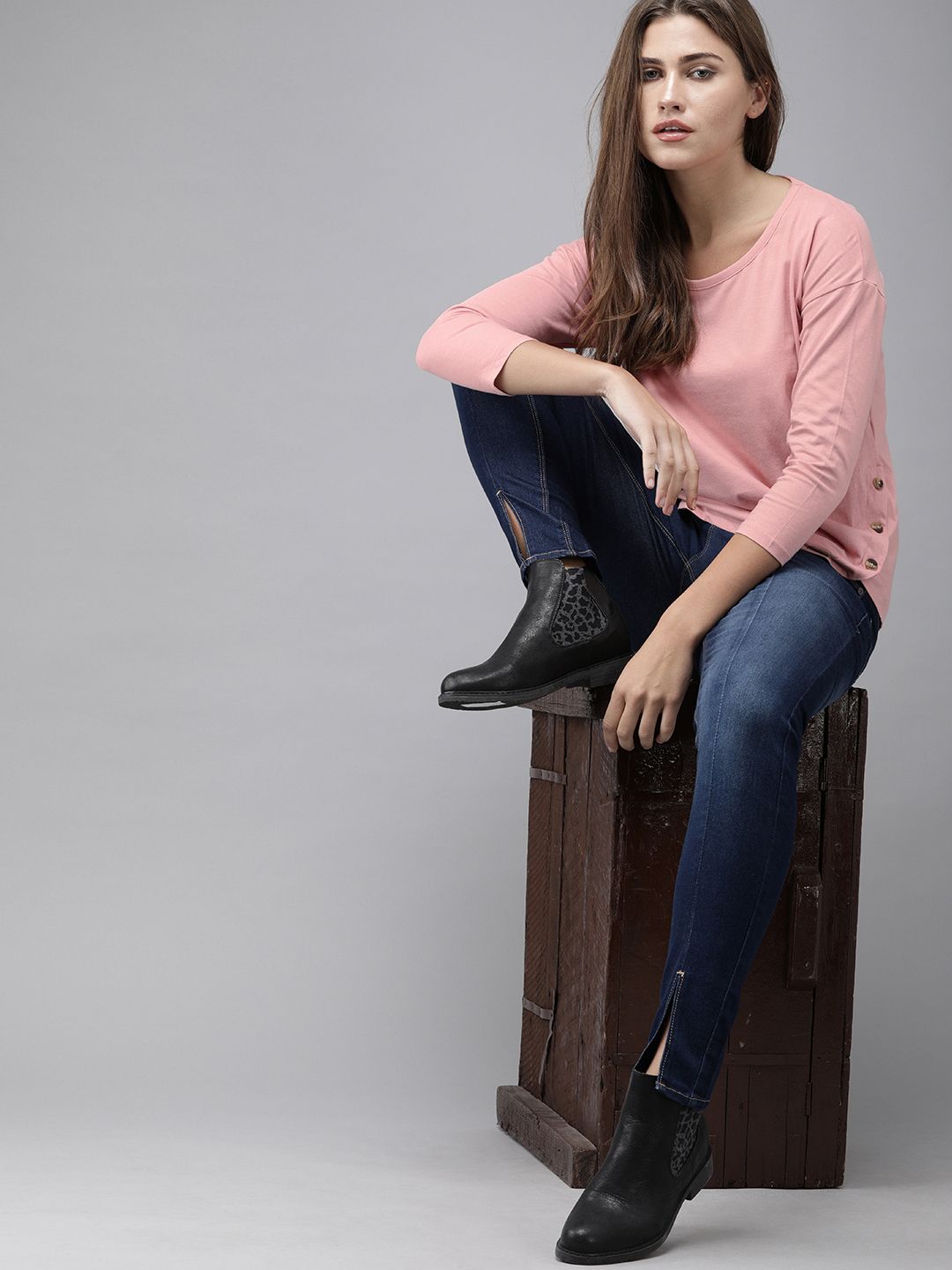 Buy Roadster Women Pink Solid Pure Cotton Top with Button Details