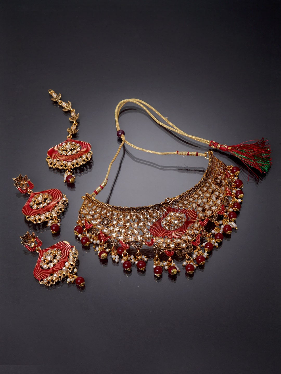 ANIKAS CREATION Gold-Plated Beige & Maroon Kundan-Studded Enamelled Bridal Look Choker Jewellery Set
