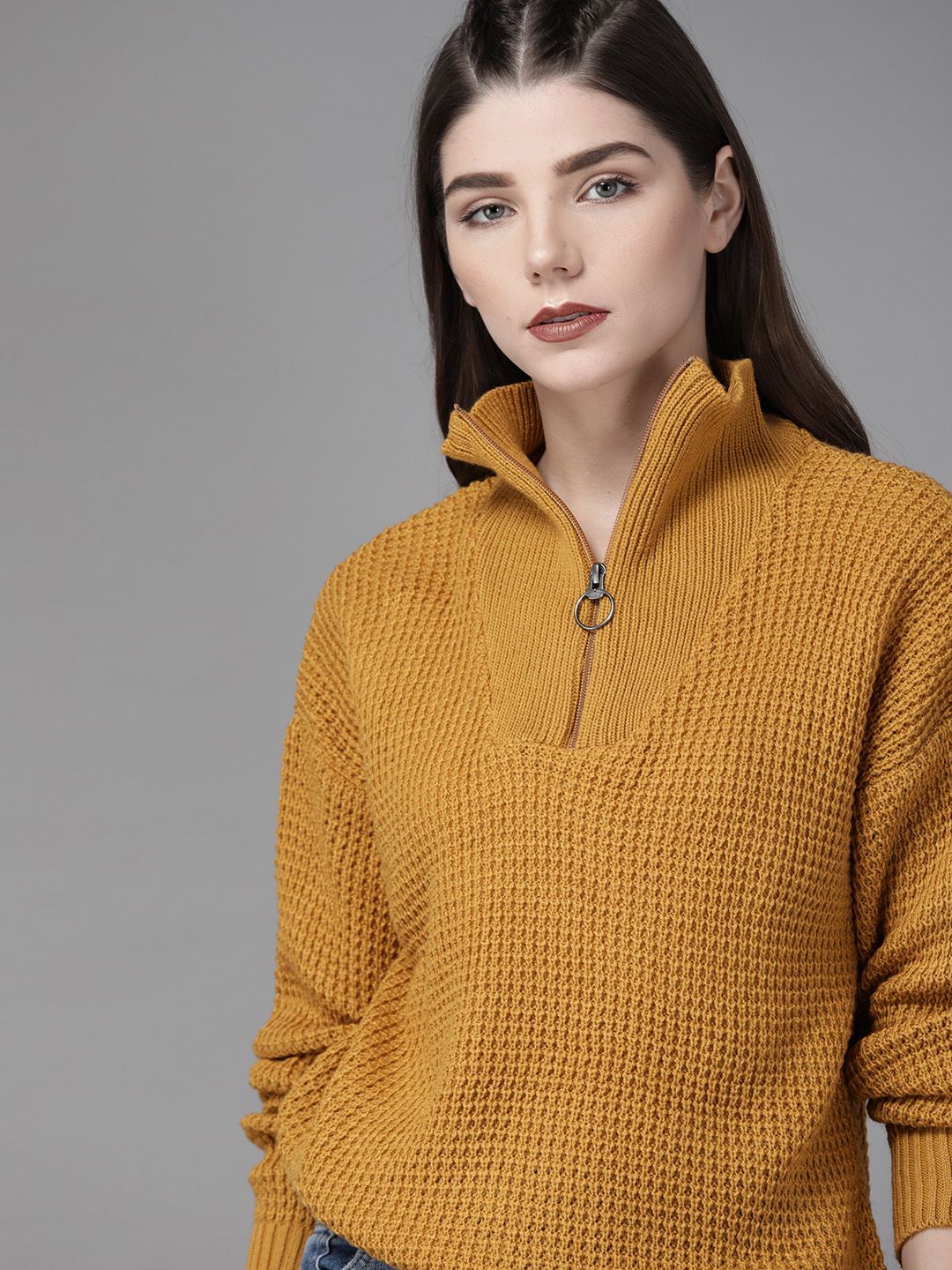 Roadster Women Mustard Yellow Self Design Sweater