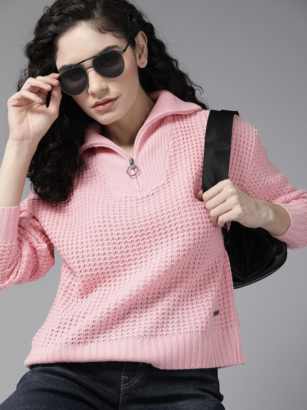 Roadster Women Pink Mock Collar Knitted Pullover Sweater-image-16