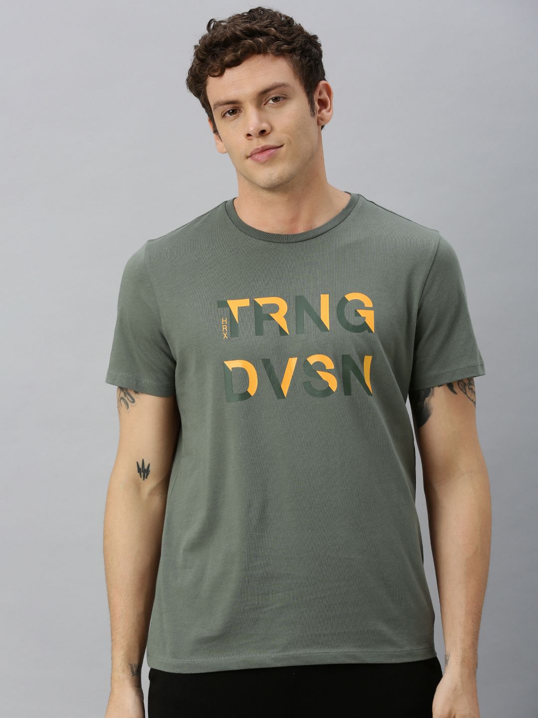 HRX by Hrithik Roshan Men Olive Green Printed Bio-Wash Training Tshirt-image-0