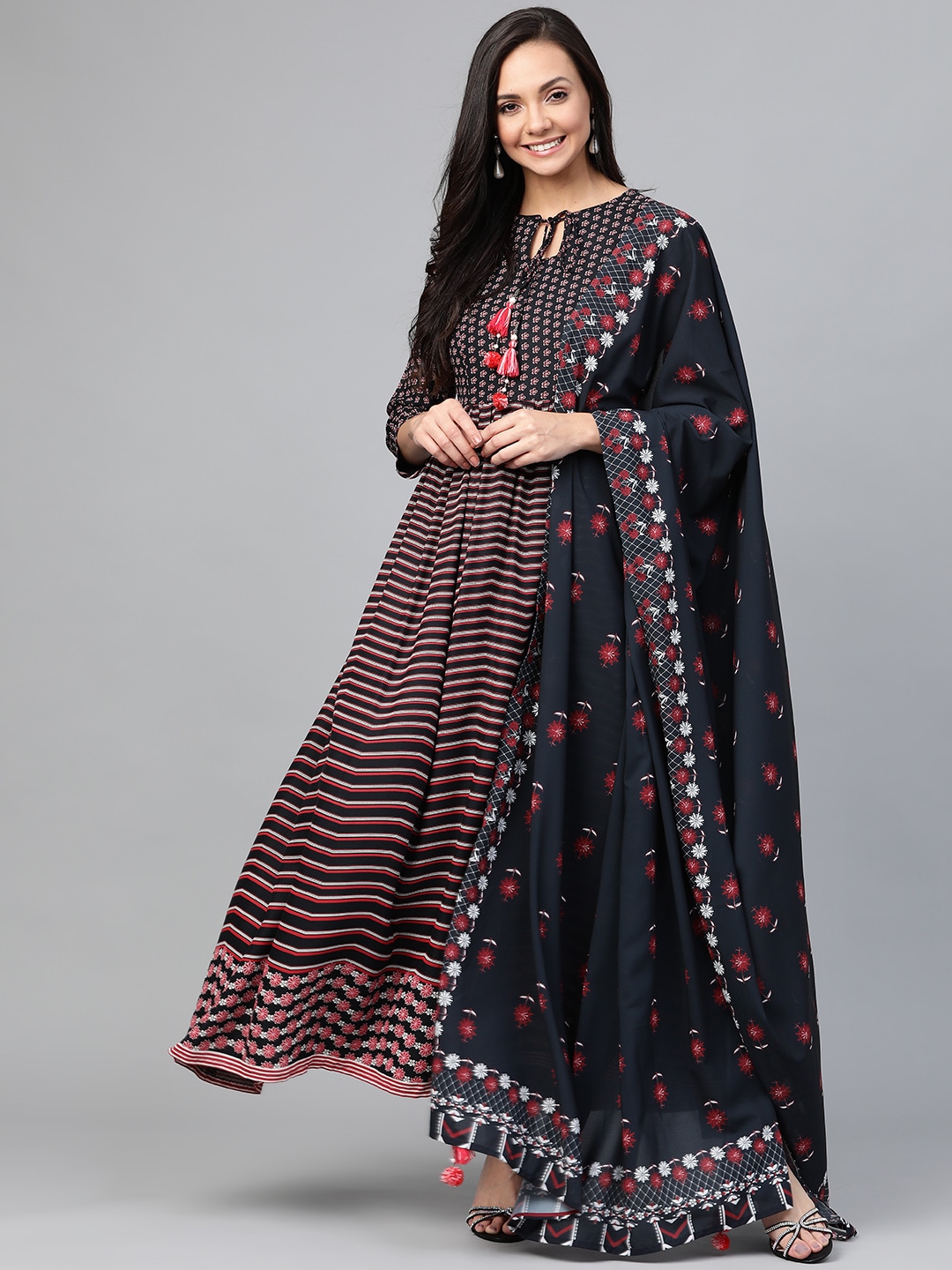 HERE&NOW Women Black & Red Printed Kurta with Trousers & Dupatta