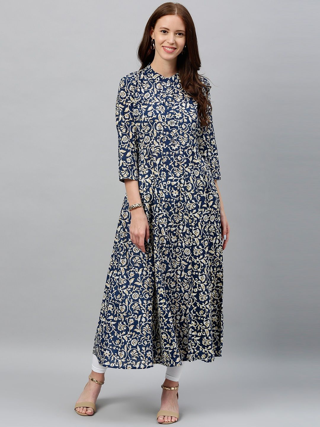 kipek Women Navy Blue & White Printed A-Line Kurta