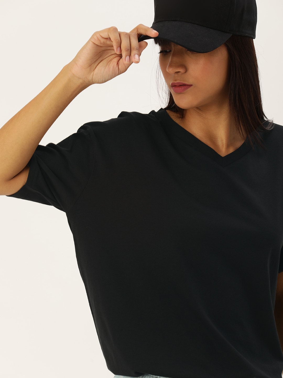 Moda Rapido Women Black Solid V-Neck Drop-Shoulder T-shirt