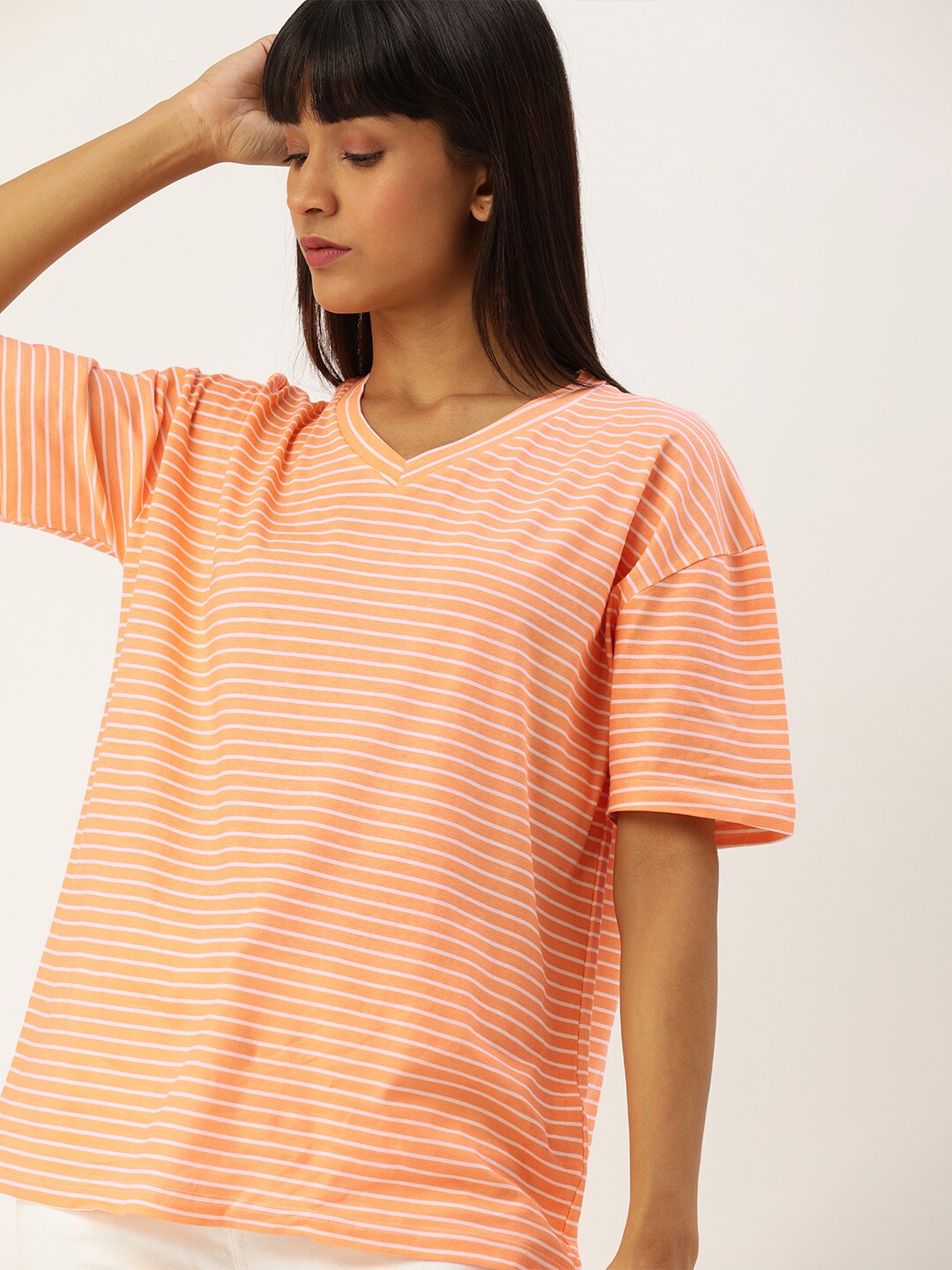 Moda Rapido Women Orange & White Striped V-Neck Drop-Shoulder T-shirt