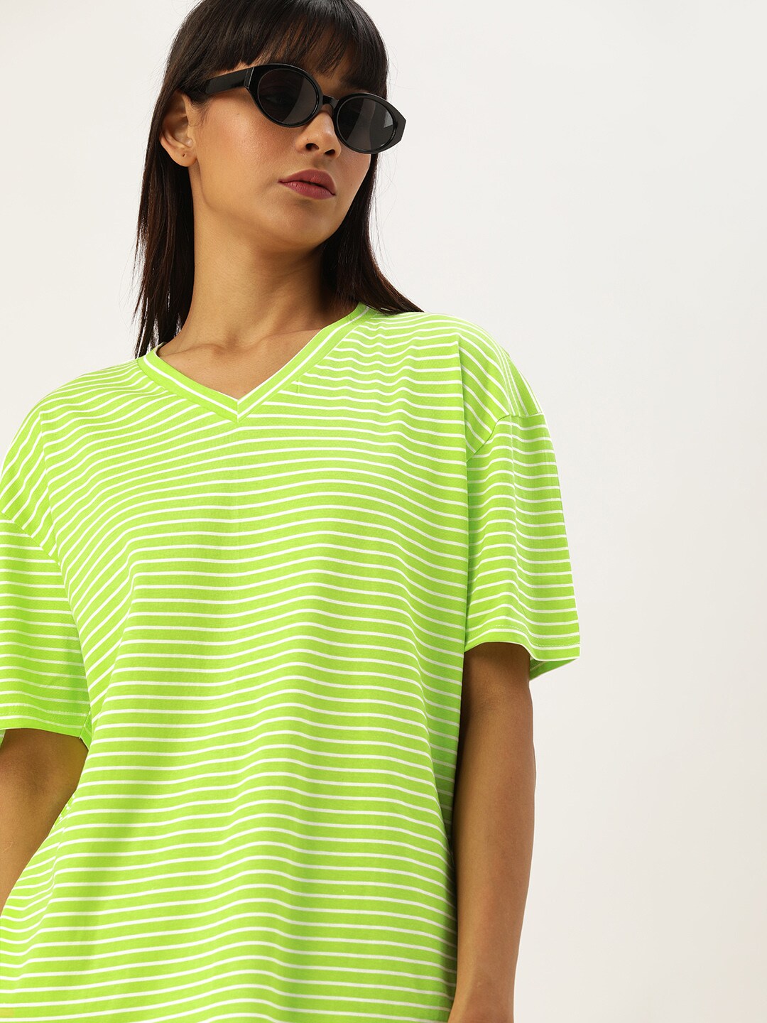 Moda Rapido Women Fluorescent Green & White Striped V-Neck Drop-Shoulder T-shirt