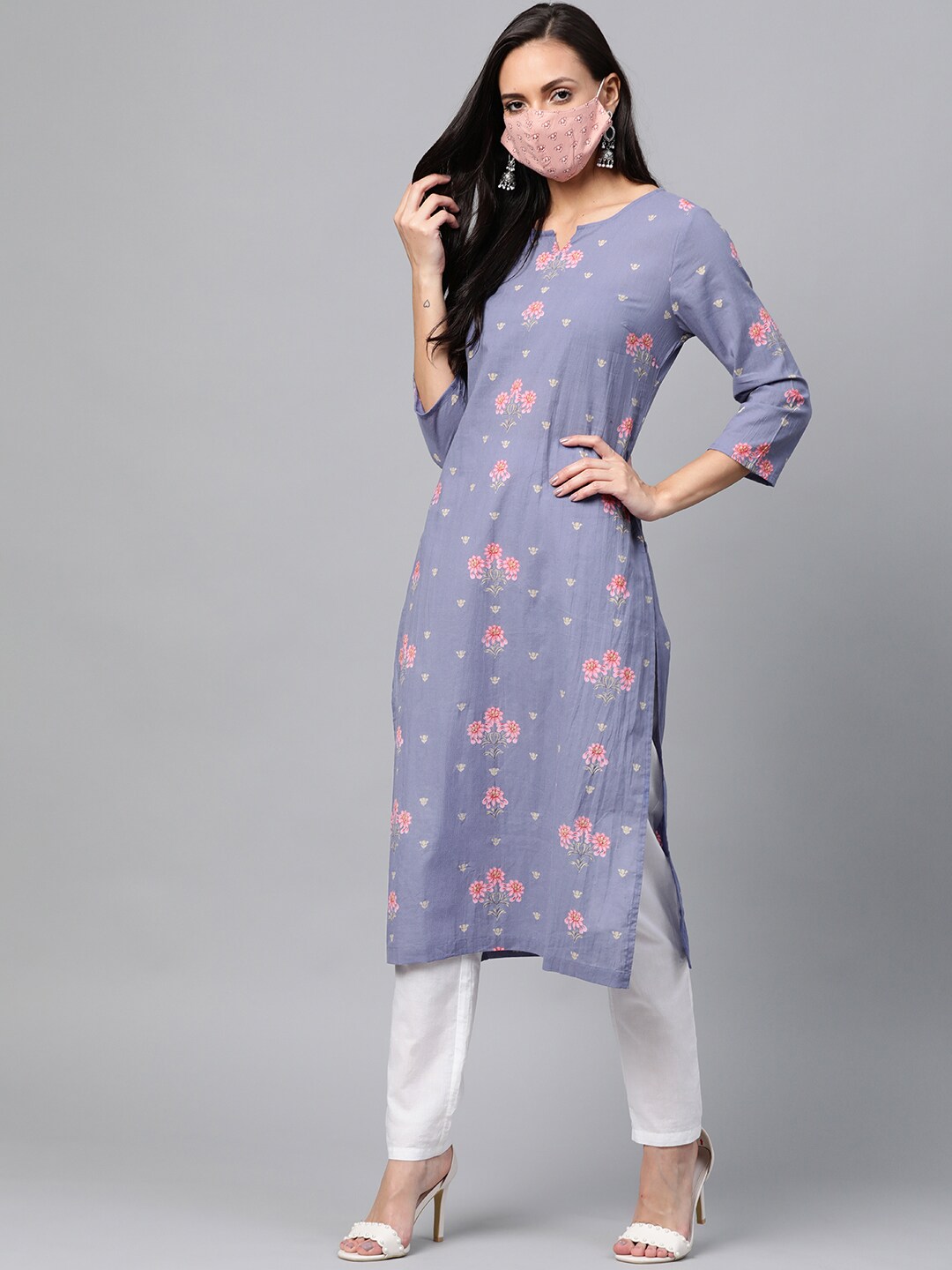 HERE&NOW Women Lavender & Pink Printed Straight Kurta with Mask