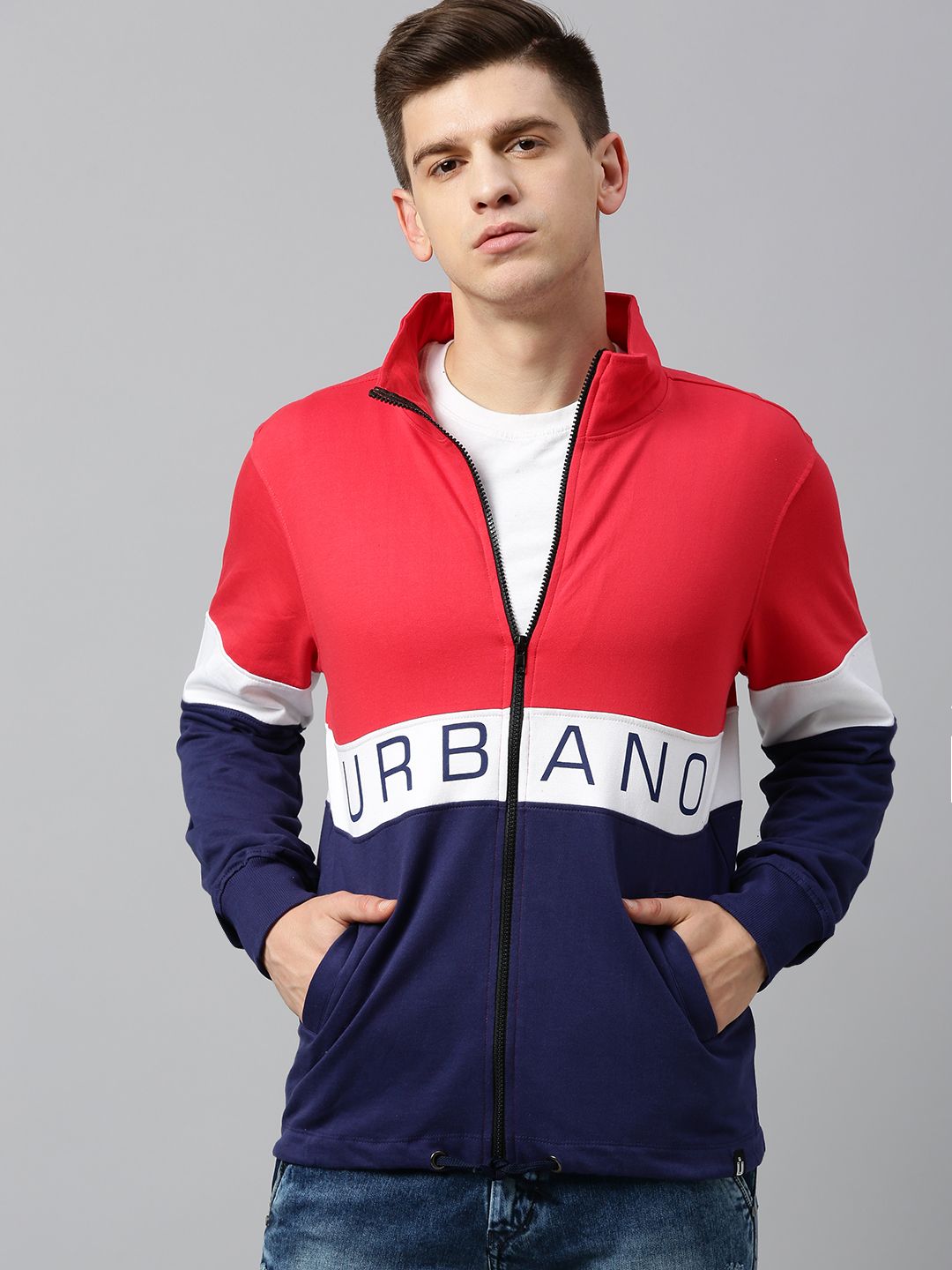 Urbano Fashion Men Colourblocked Cotton Zippered Sweatshirt-picture-28