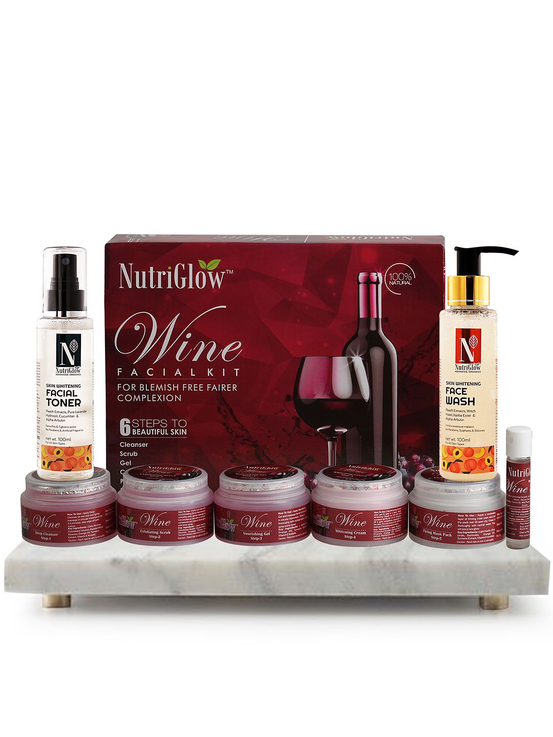 NutriGlow Wine Facial Kit 250g+10ml - Skin Whitening Face Wash 100ml - Facial Toner 100ml-picture-55
