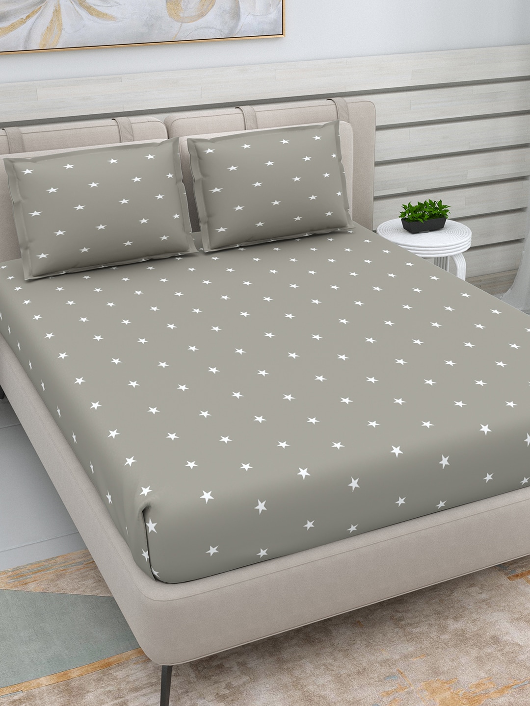 DREAM WEAVERZ Grey & White Conversational Glazed Cotton 220 TC Queen Bedsheet with 2 Pillow Covers