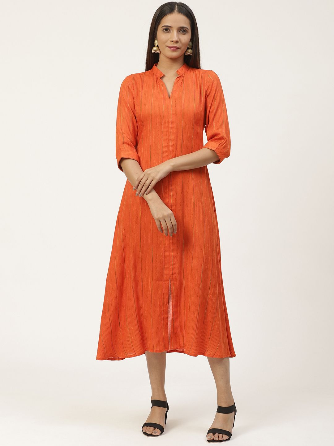 GERUA Women Orange Self Design Midi A-Line Dress