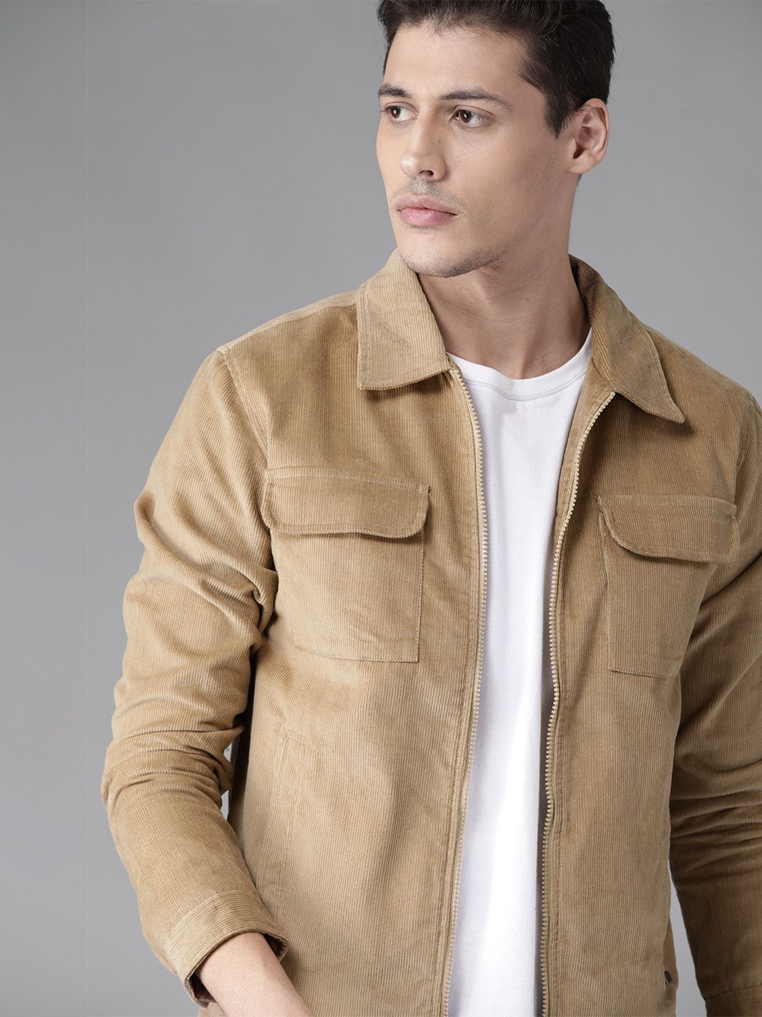 Roadster Men Beige Solid Corduroy Jacket