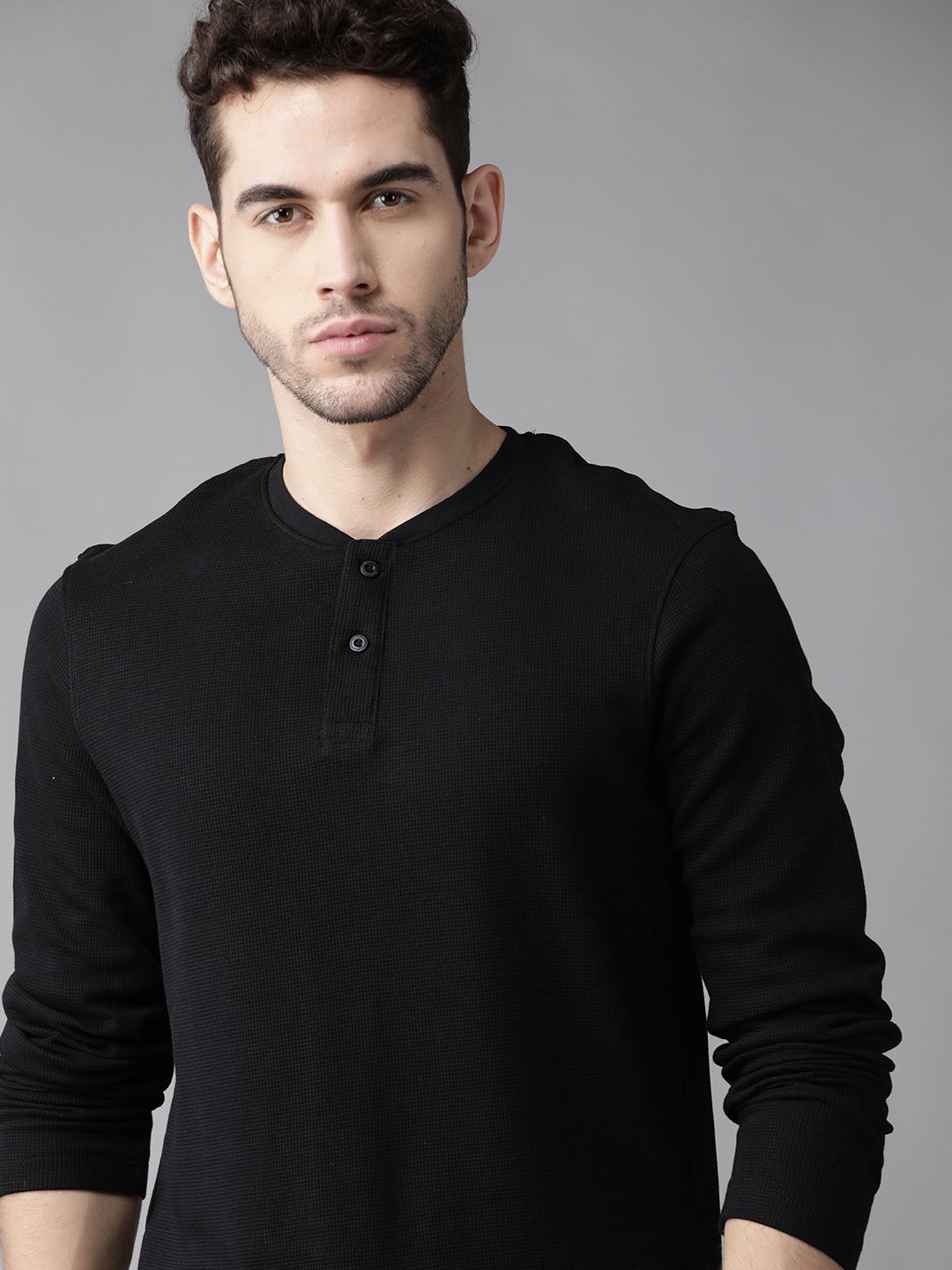 Roadster Men Black Self Design Henley Neck T-shirt