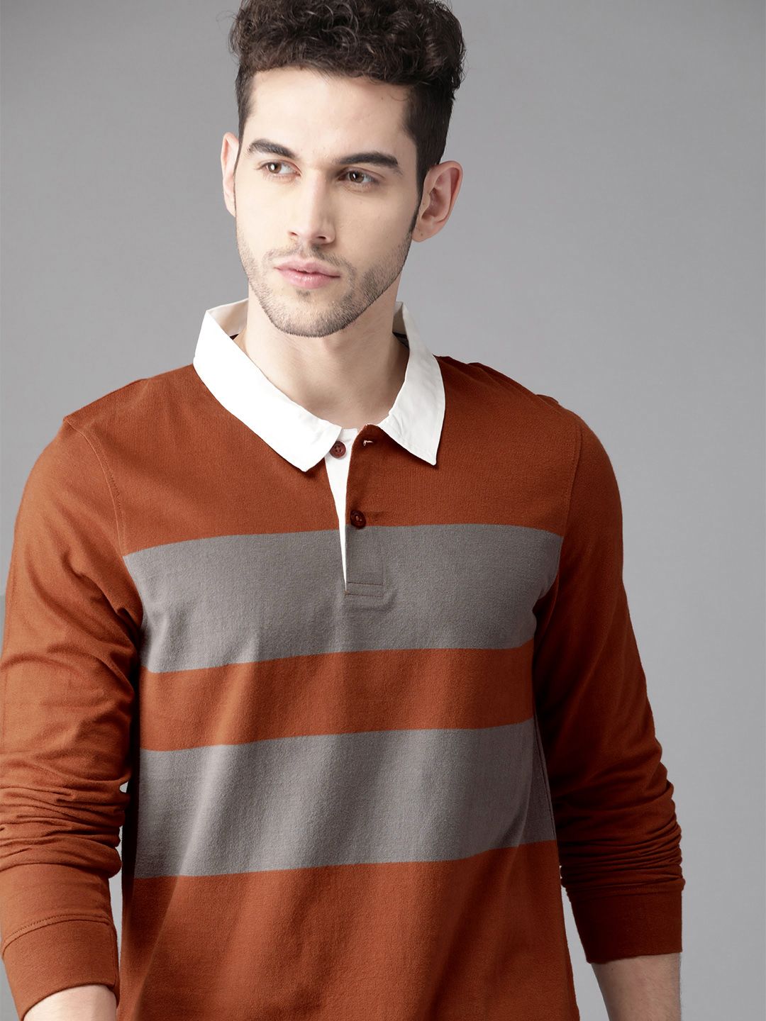 Roadster Men Rust Orange & Grey Striped Polo Collar T-shirt