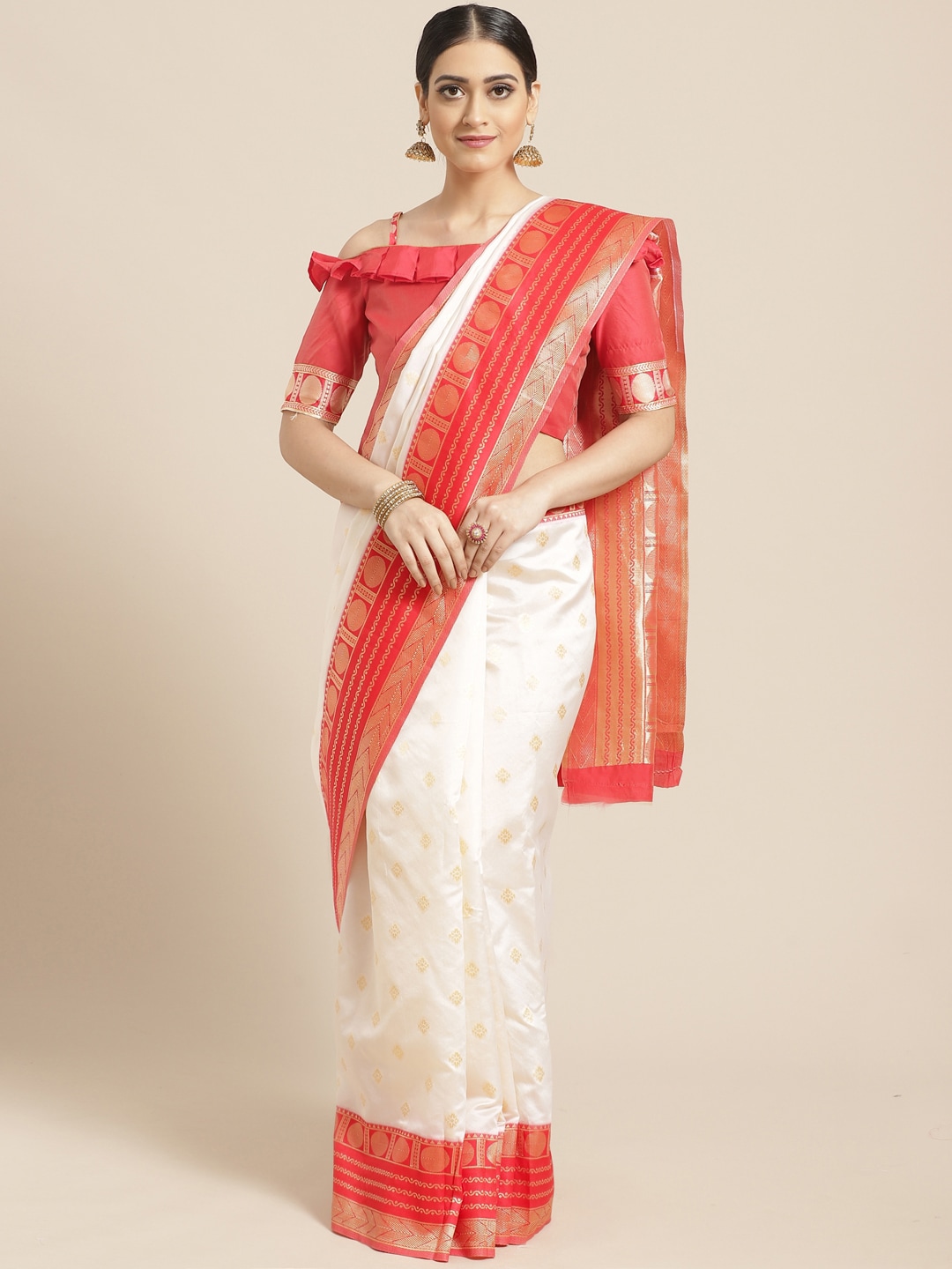 SHAVYA Off-White & Golden Pure Silk Woven Design Kasavu Saree