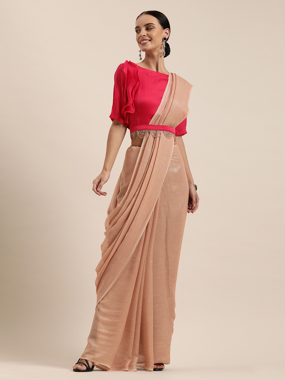 Inddus Nude-Coloured Striped Pure Georgette Belted Saree