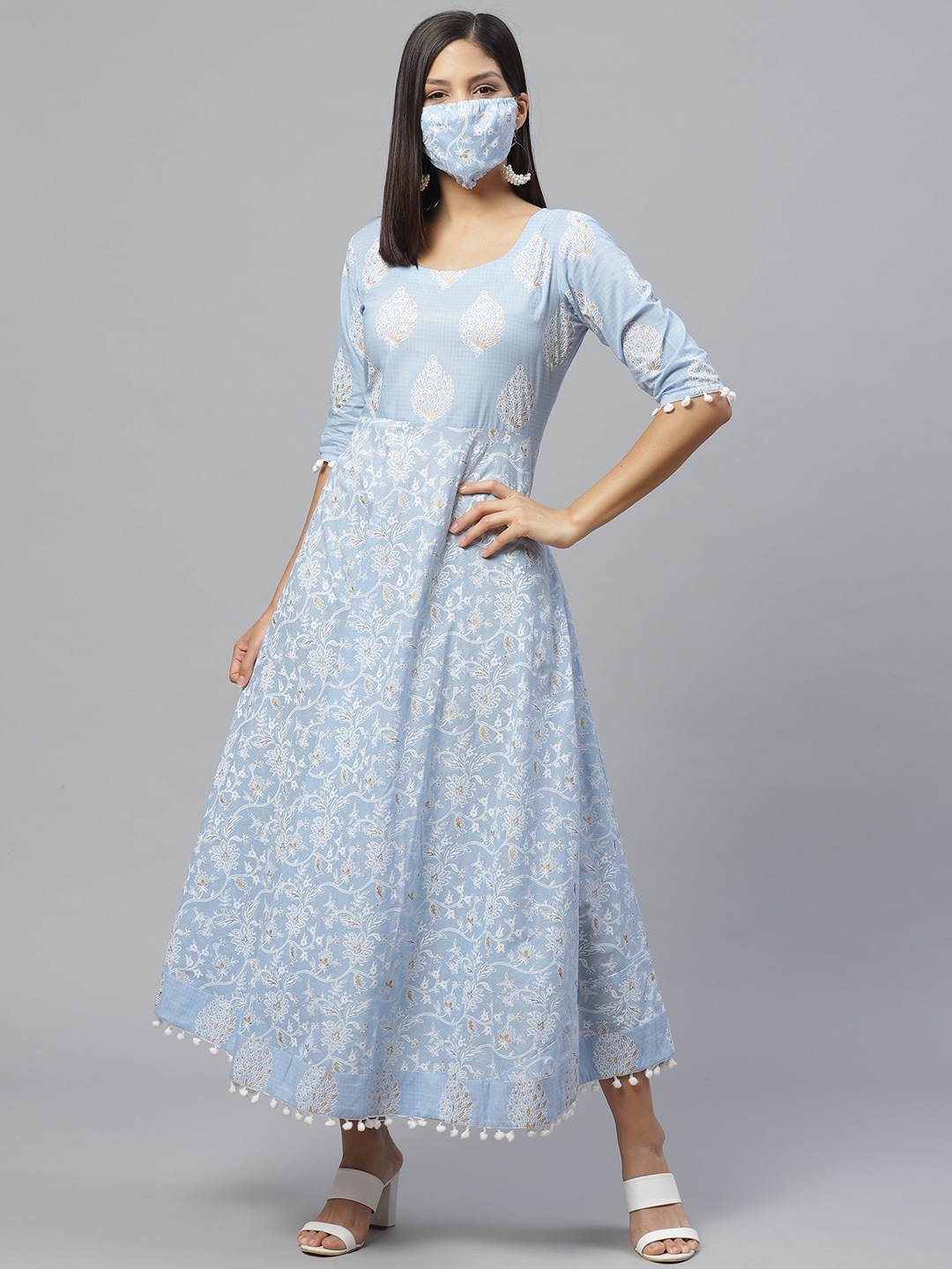 Libas Women Blue  White Printed Maxi Dress