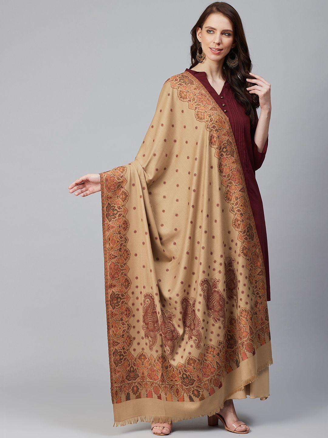 WEAVERS VILLA Women Beige & Brown Woven Design Shawl-image-46