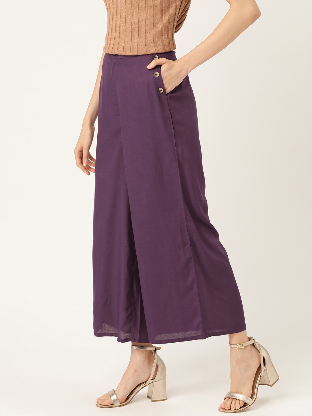 DressBerry Women Purple Flared Solid Sustainable Cropped Trousers
