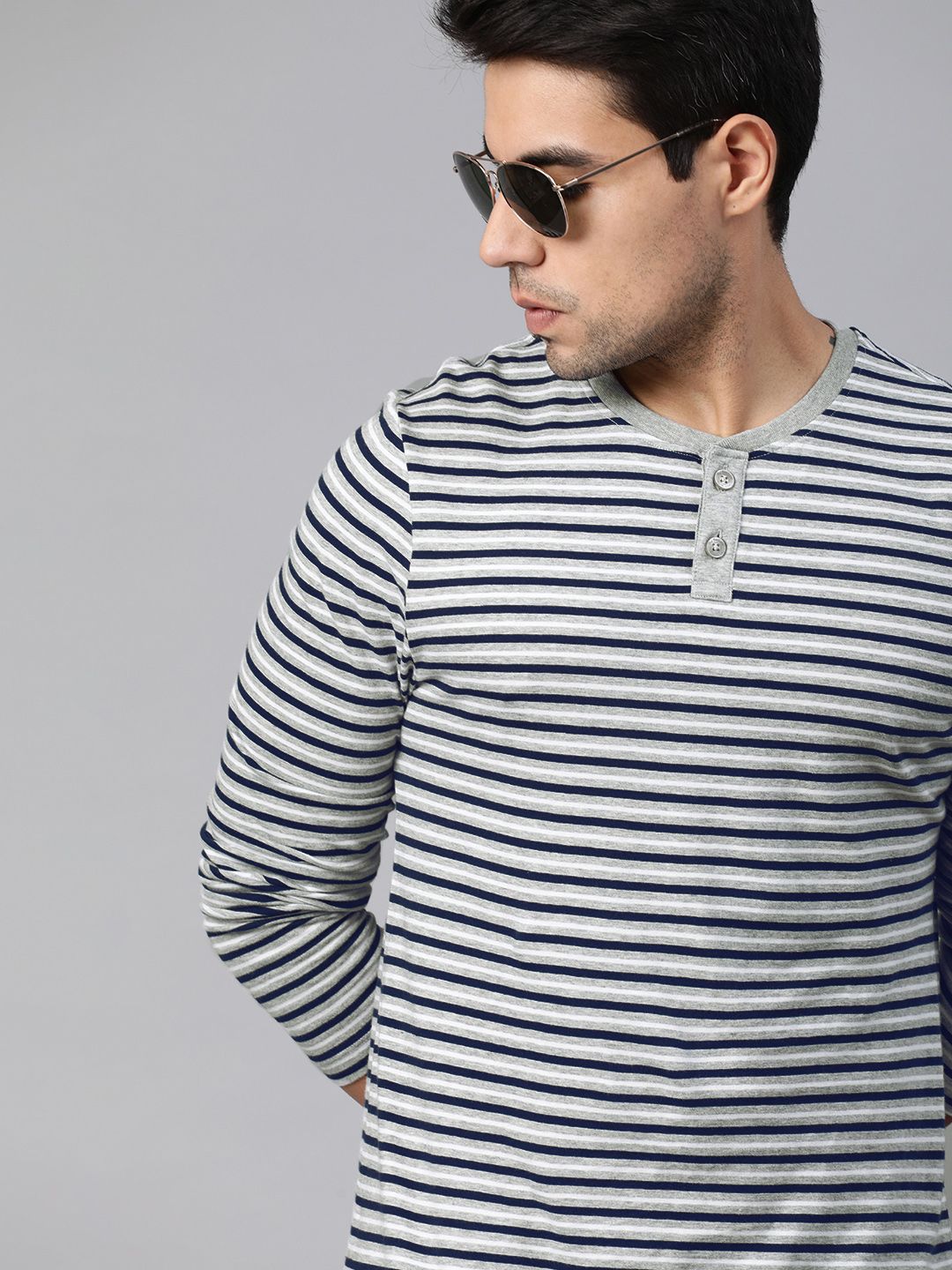 Roadster Men Grey Melange Navy Blue Striped Henley Neck Pure Cotton T-shirt