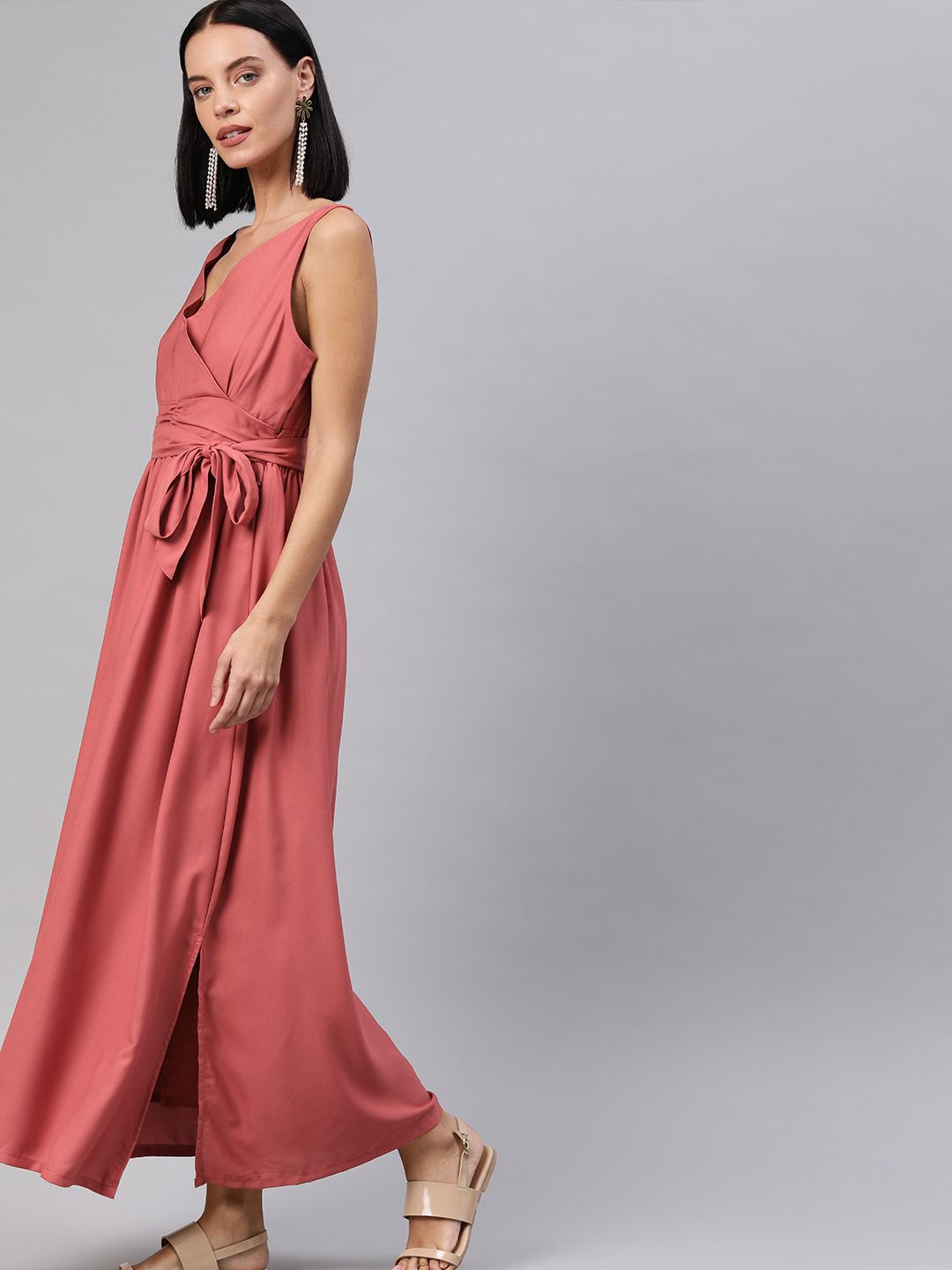 HERE&NOW Women Red Solid Maxi Dress with Tie-Ups-picture-16