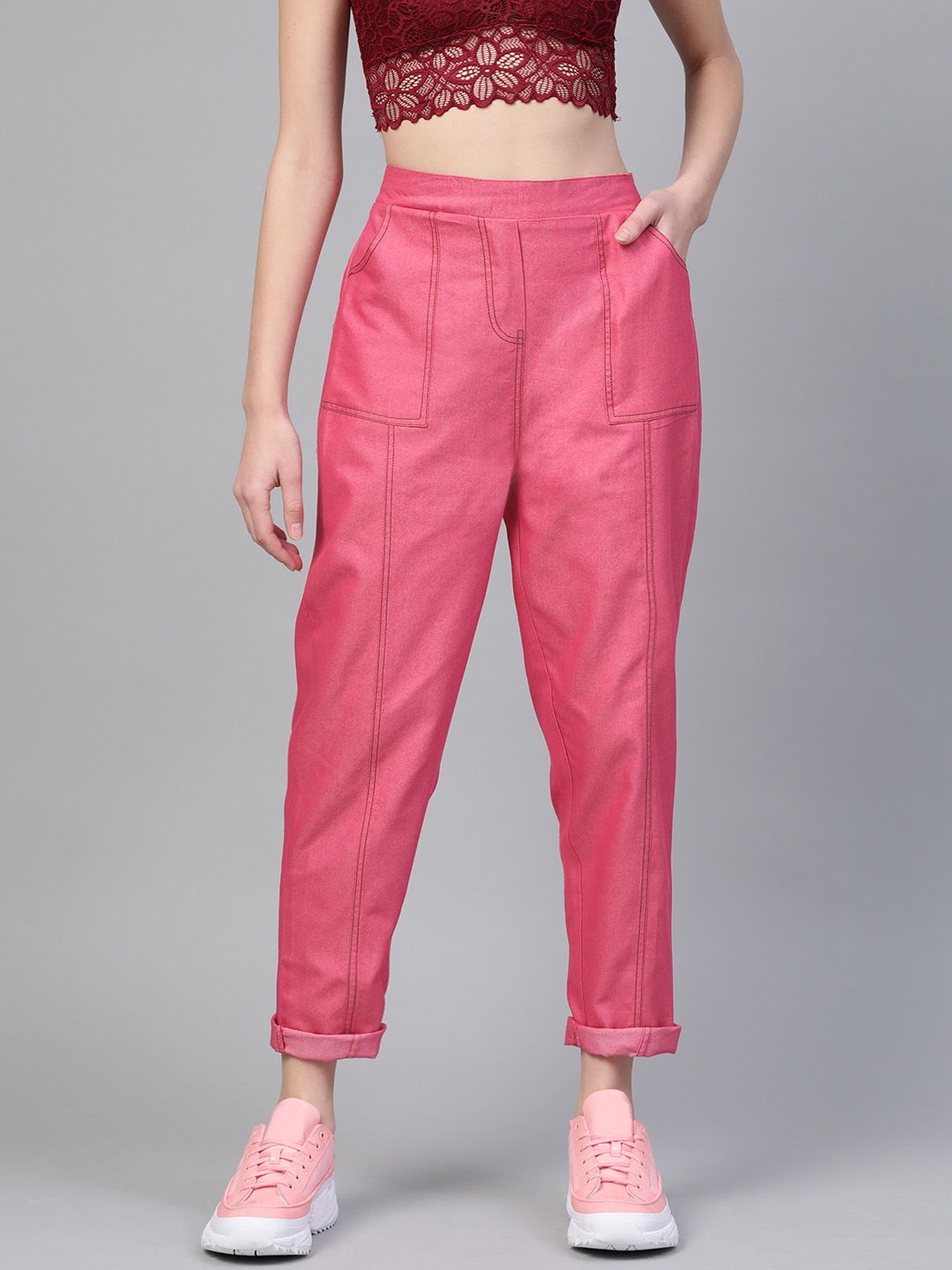 SASSAFRAS Women Pink Twill Weave Tapered Fit Solid Regular Trousers-picture-36