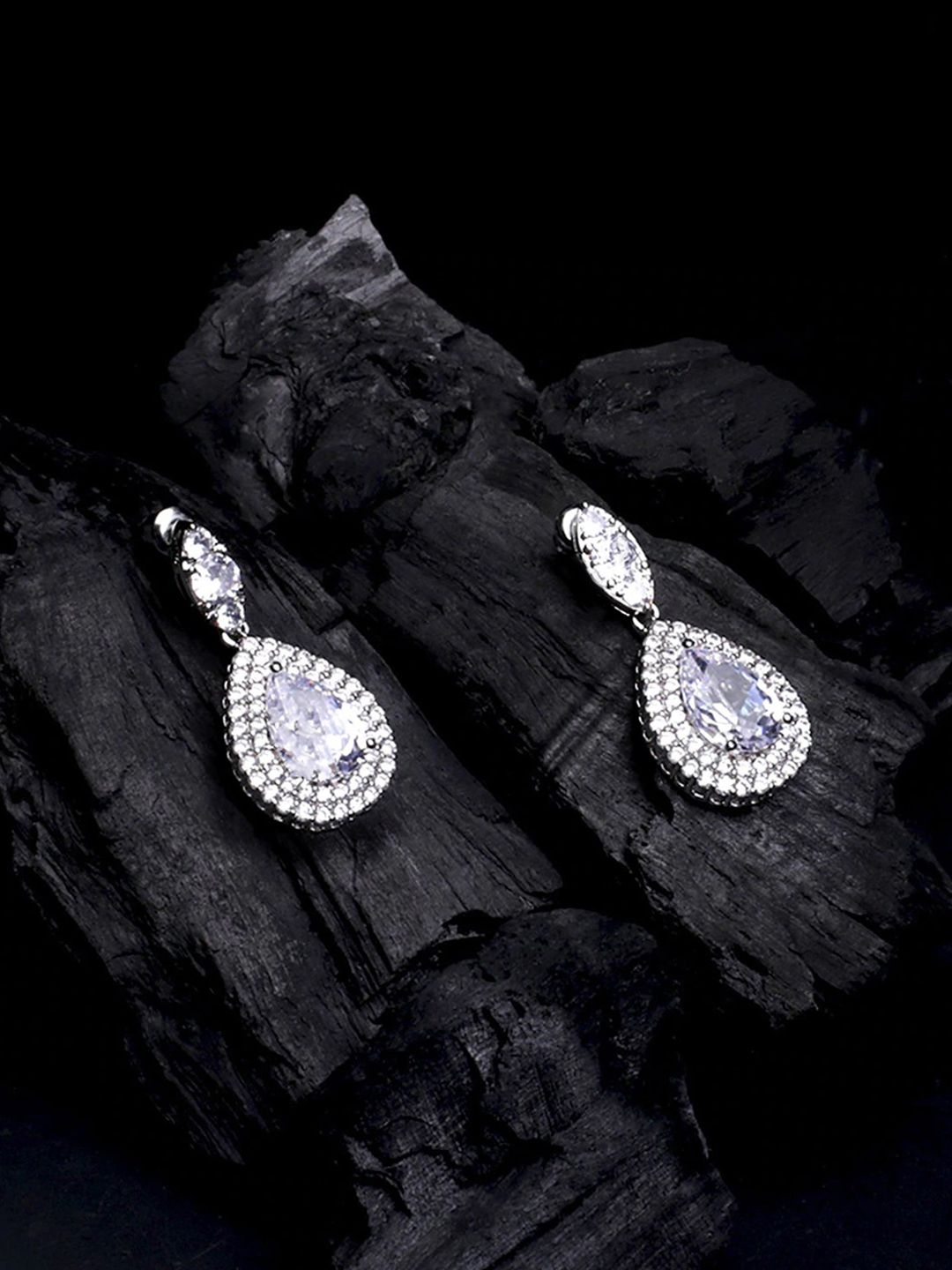 Yellow Chimes Silver-Plated CZ Studded Teardrop Shaped Drop Earrings-picture-43
