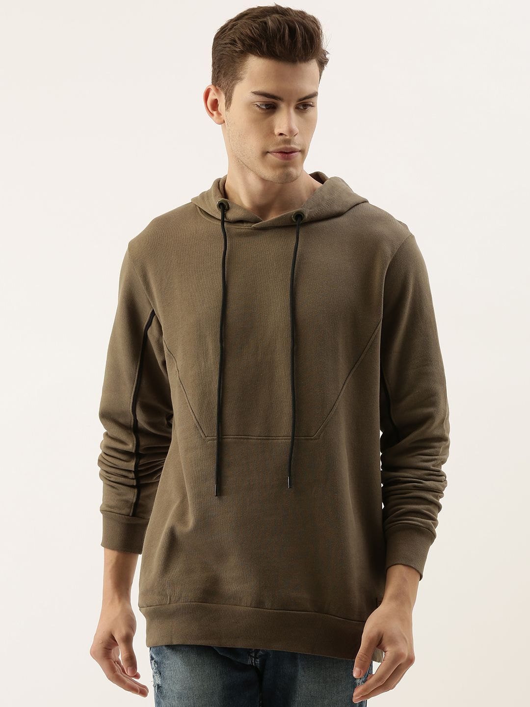 Campus Sutra Men Olive Green Solid Hooded Sweatshirt-picture-28