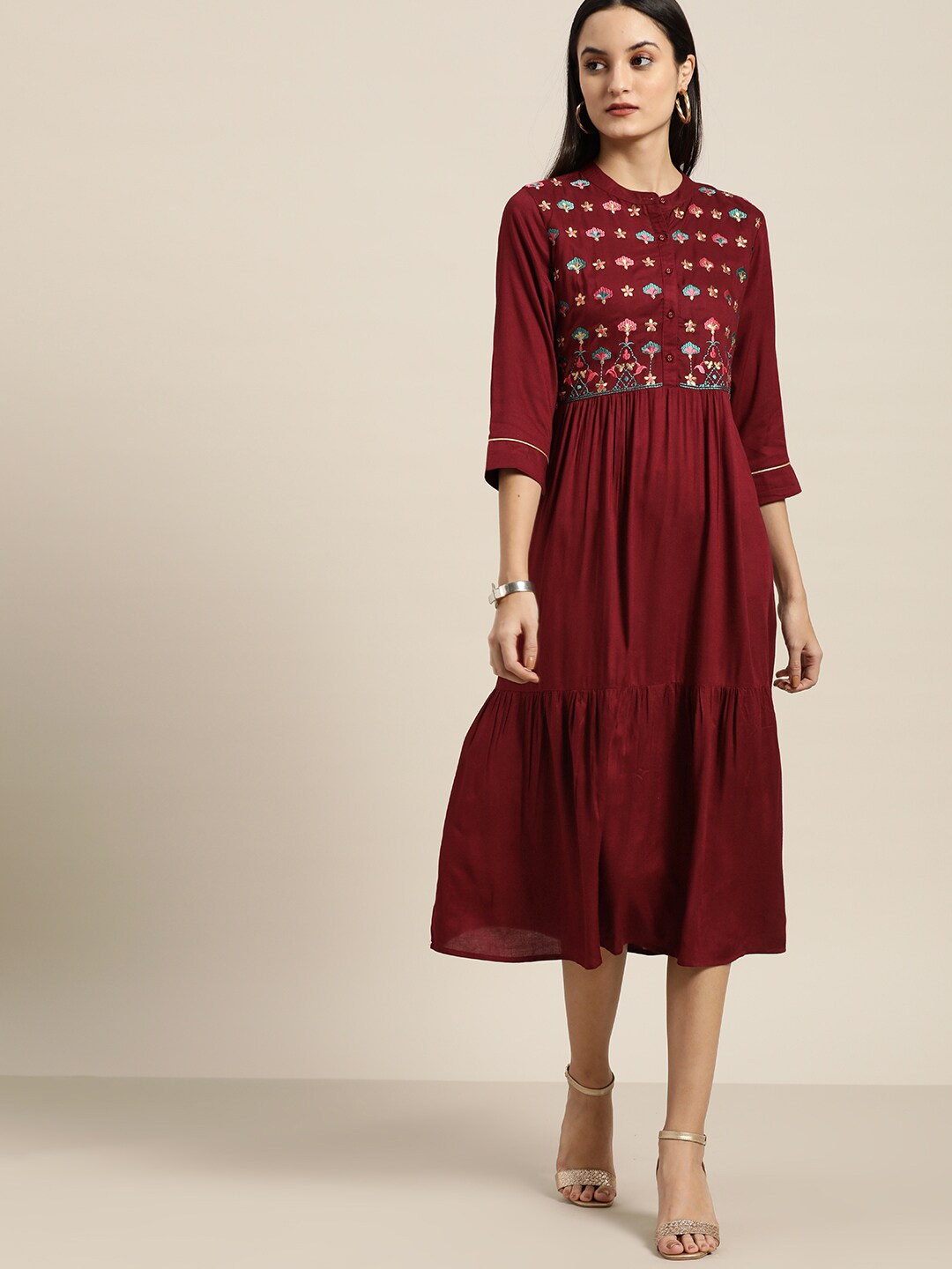 all about you Women Maroon Embroidered A-Line Tiered Dress