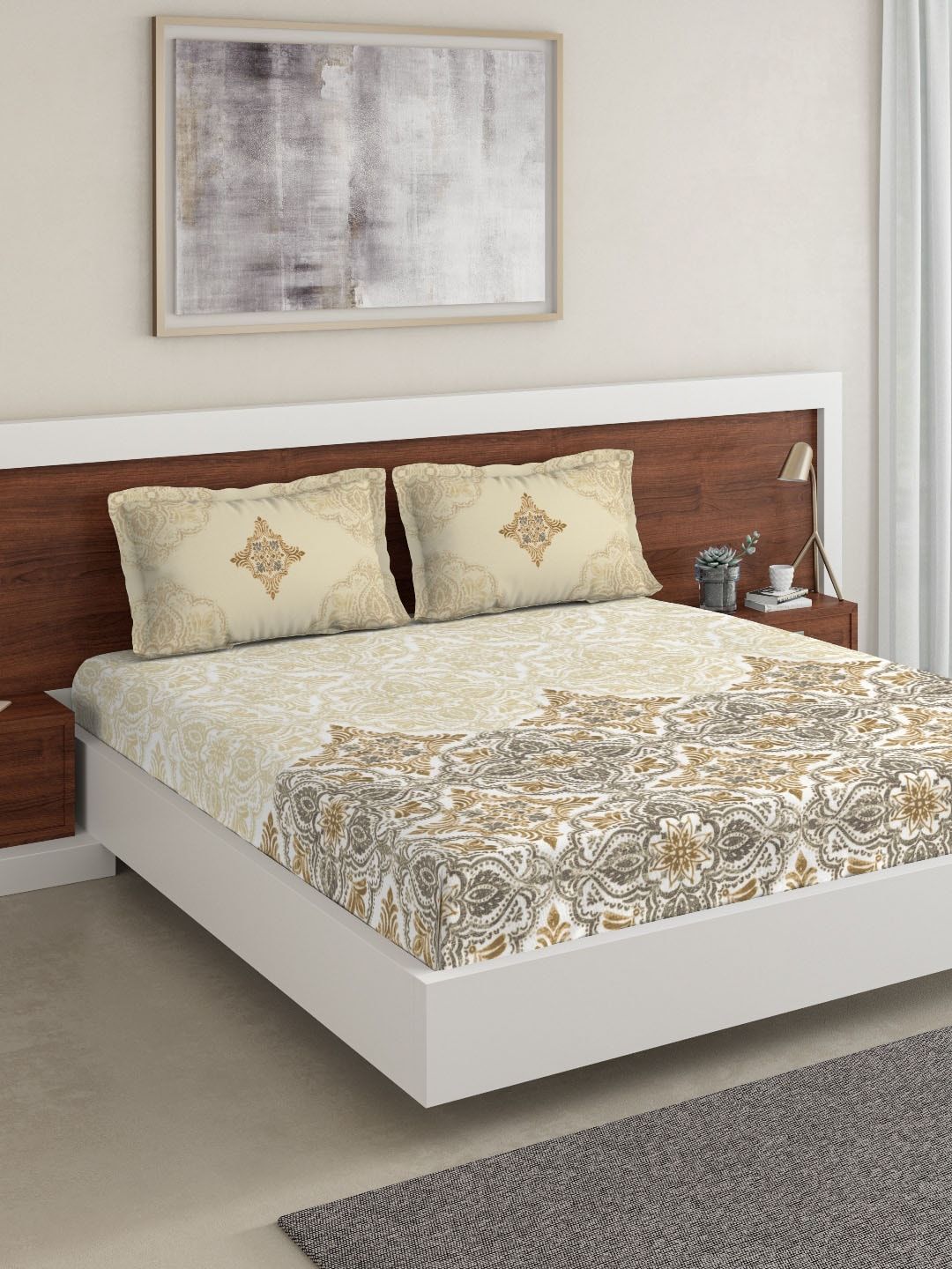 DDecor Beige & Grey Ethnic Motifs 180 TC Cotton 1 King Bedsheet with 2 Pillow Covers-image-44