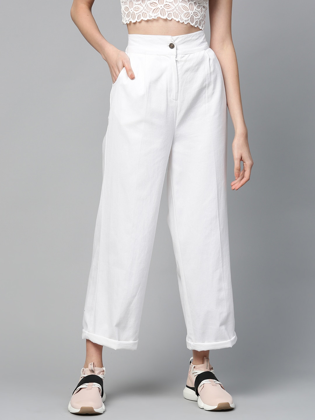 SASSAFRAS Women White Regular Fit Solid Twill Parallel Trousers