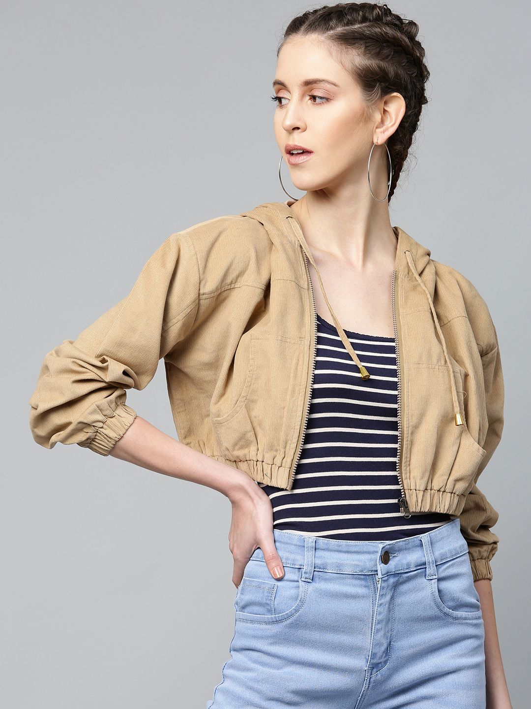 SASSAFRAS Women Beige Solid Corduroy Cropped Bomber Jacket