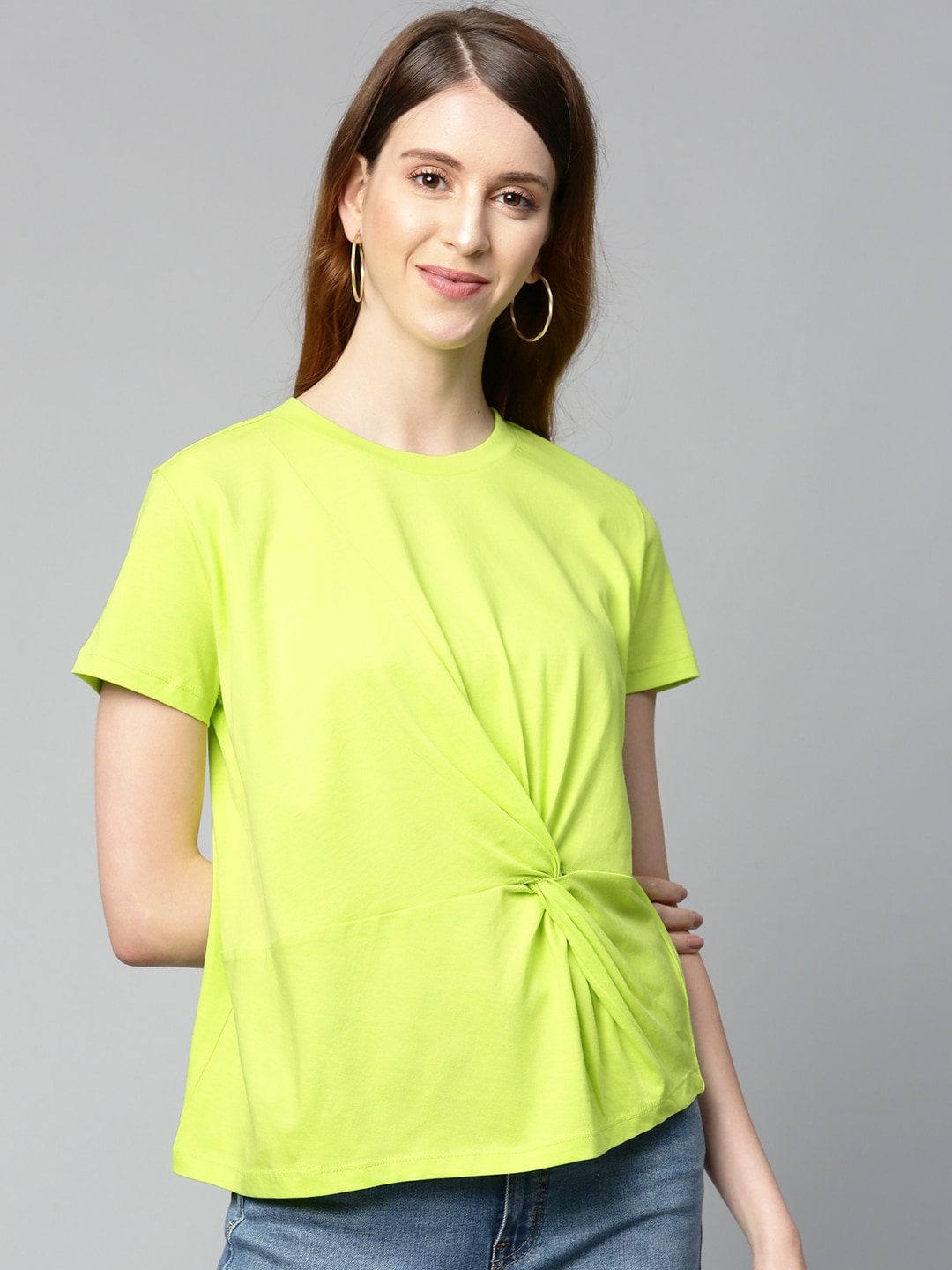 SASSAFRAS Women Fluorescent Green Solid Pure Cotton Top