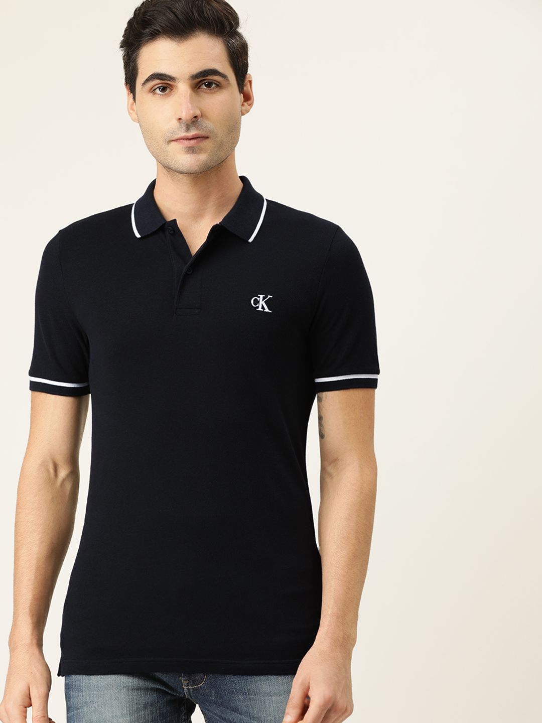 Calvin Klein Jeans Men Black Solid Slim Fit Polo Collar T-shirt