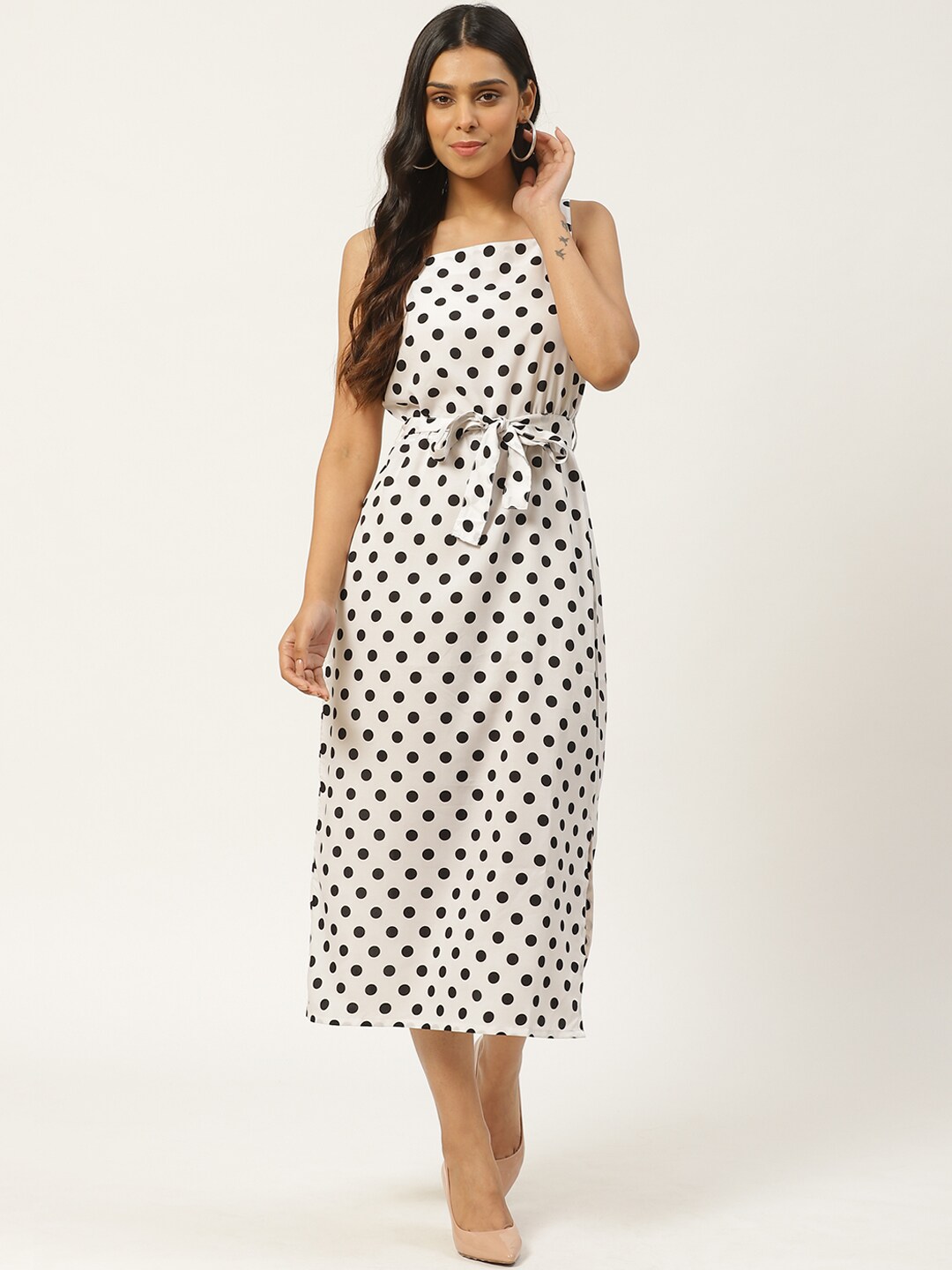 SIRIKIT Women White & Black Polka Dot Printed A-Line Dress