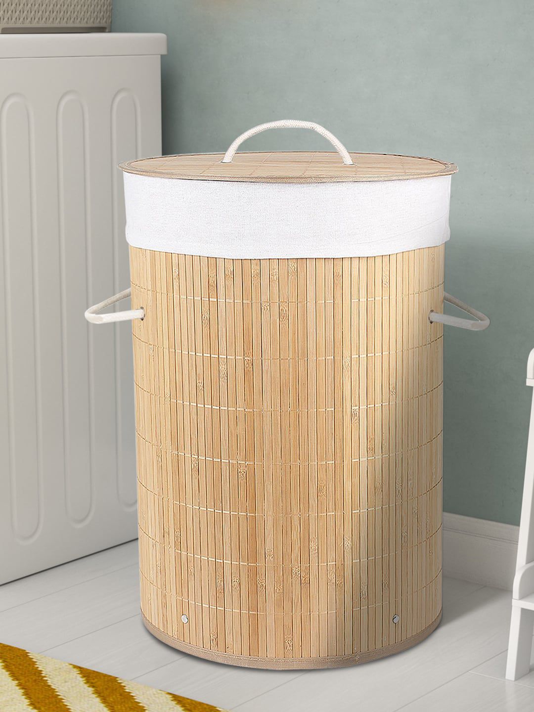 HomeStorie Beige & White Eco-Friendly Foldable Bamboo Laundry Basket Hamper With Lid-image-26