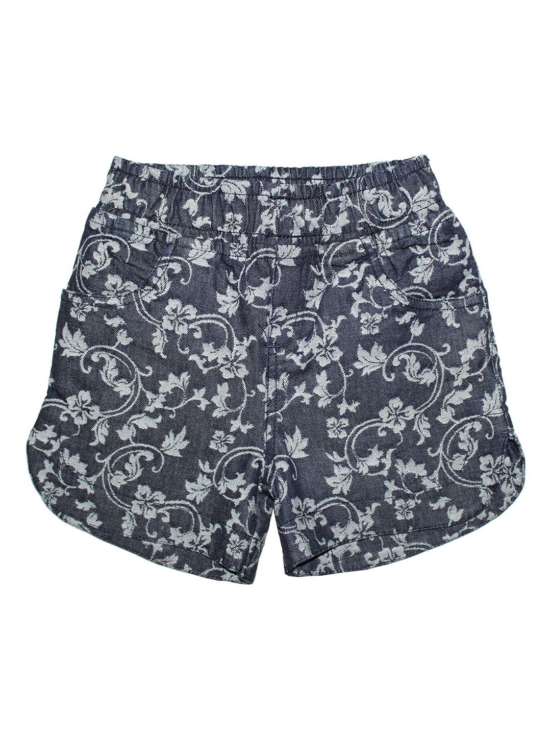 KiddoPanti Girls Blue & Off-White Floral Printed Regular Fit Denim Shorts-picture-27