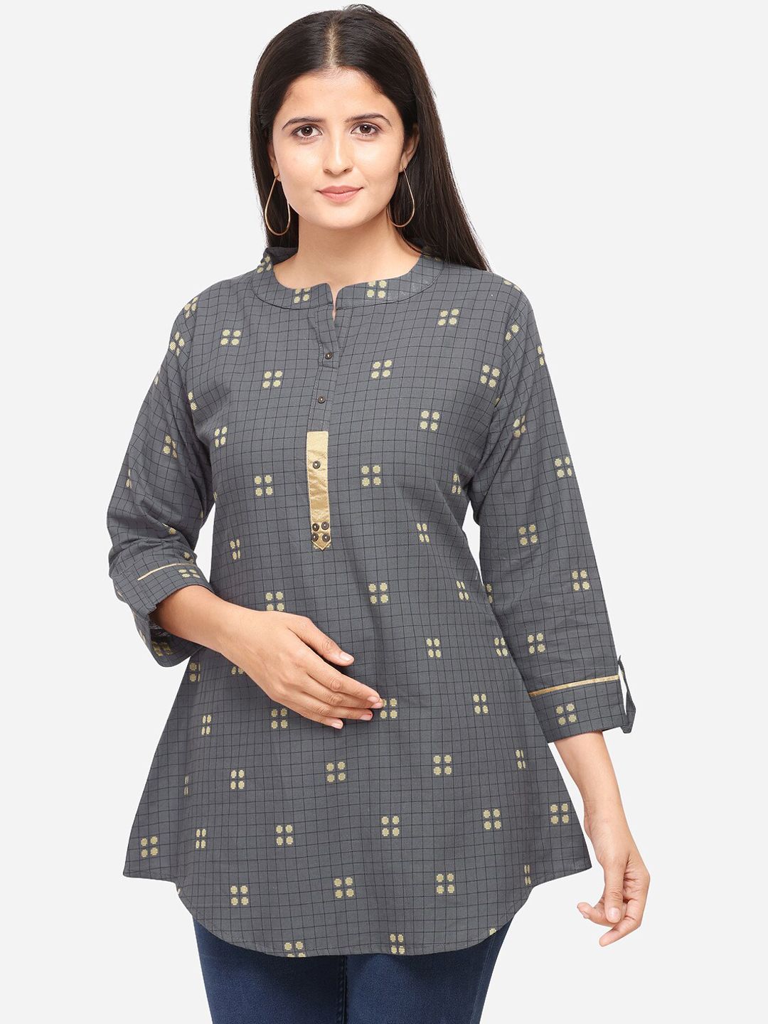 Kvsfab Women Grey & Yellow Checked Tunic-picture-29