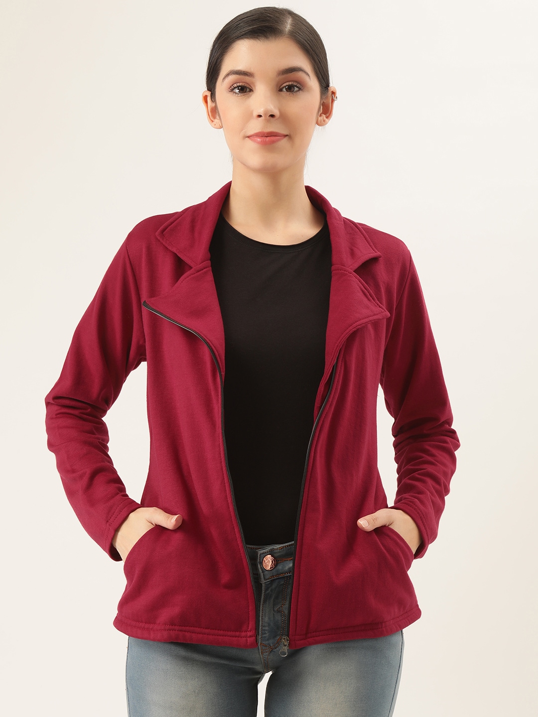 Belle Fille Women Burgundy Solid Asymmetric Closure Tailored Jacket