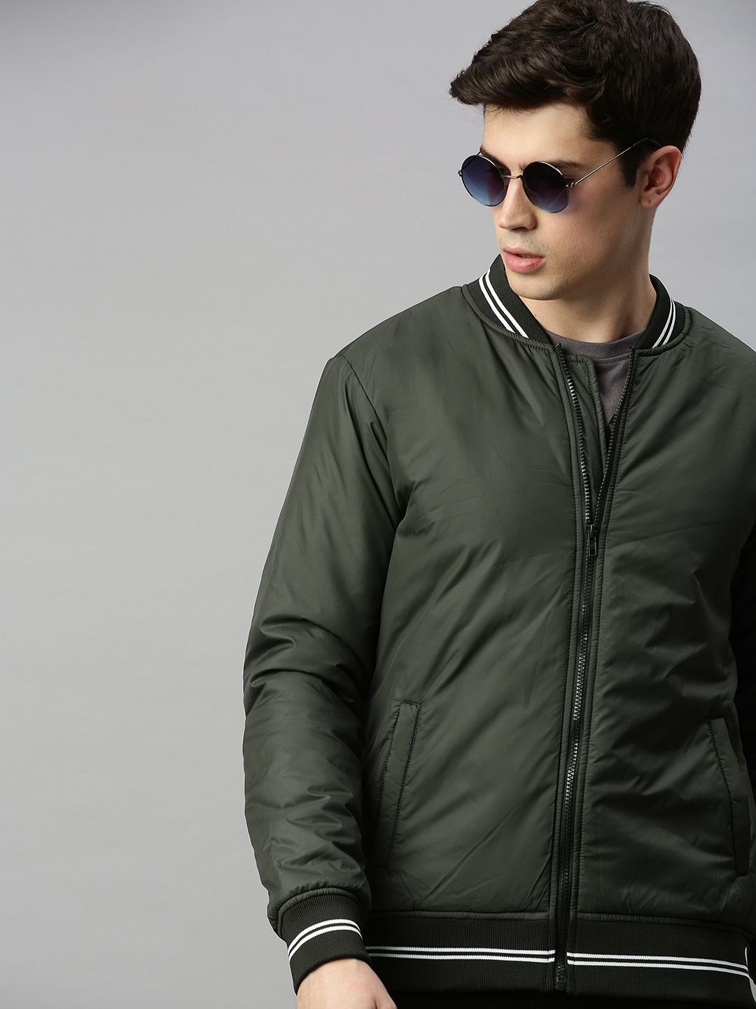 Buy WROGN WROGN Men Olive Green Slim Fit Solid Varsity Jacket At Redfynd